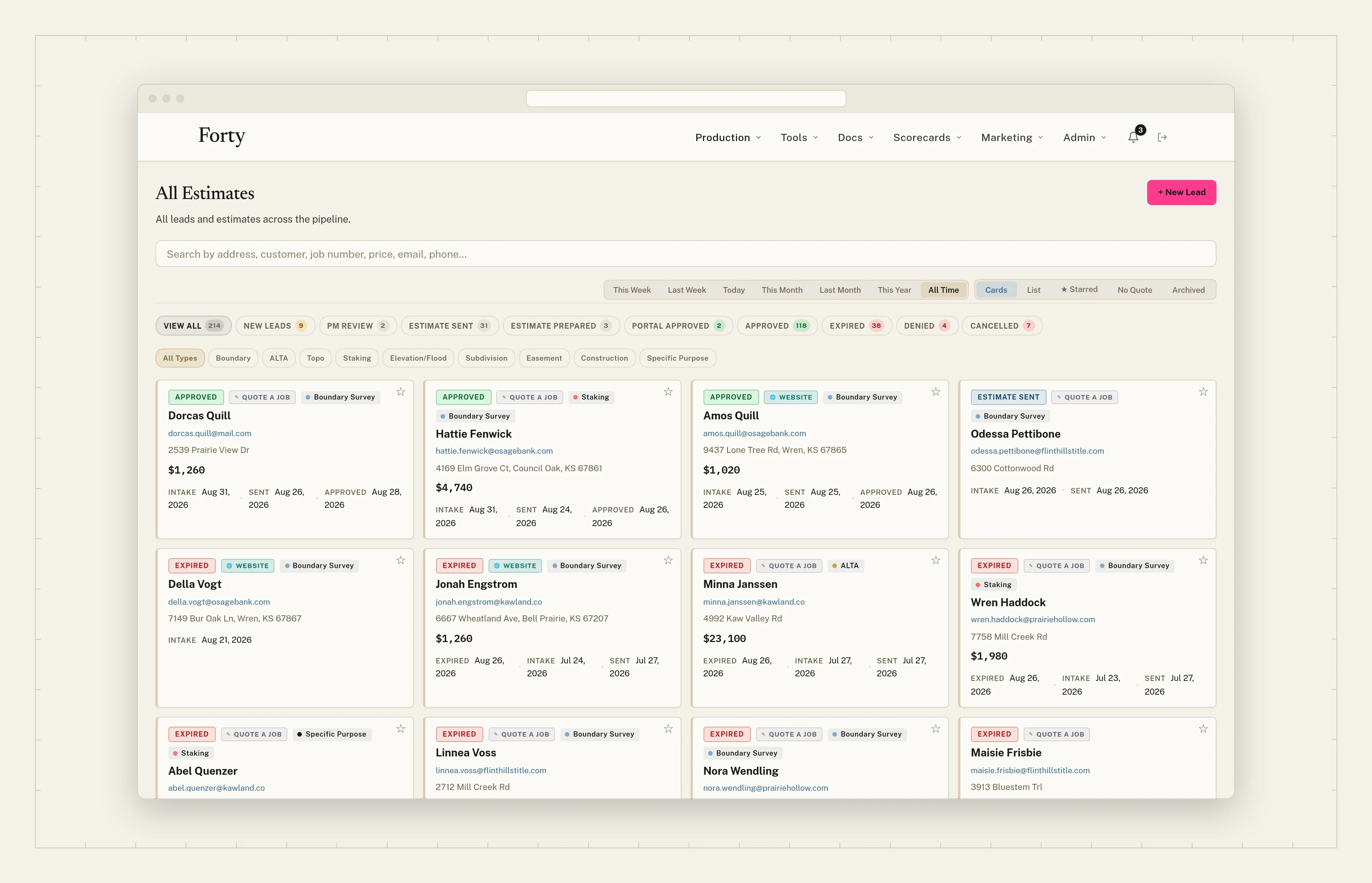 All estimates on one board, by status