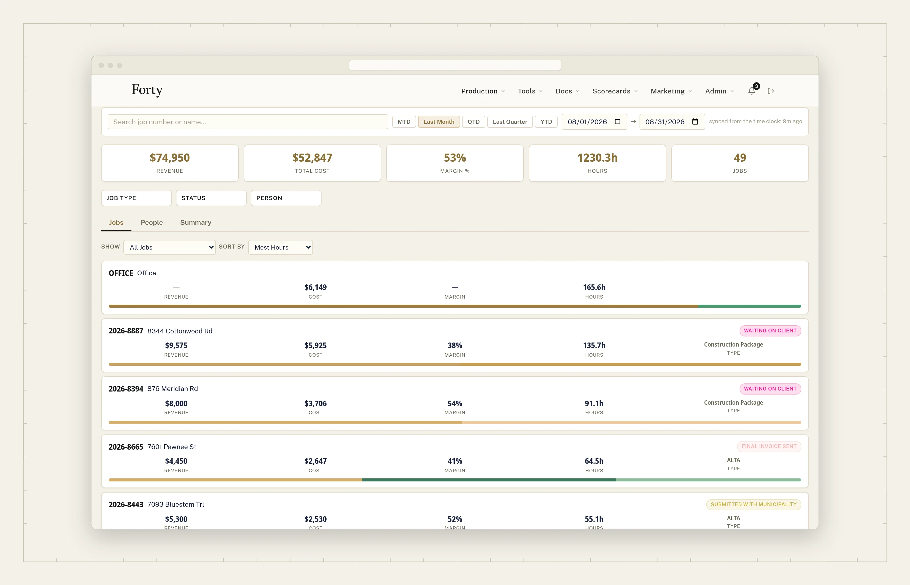 Job costing: revenue, cost, margin, and hours for every job in a date range