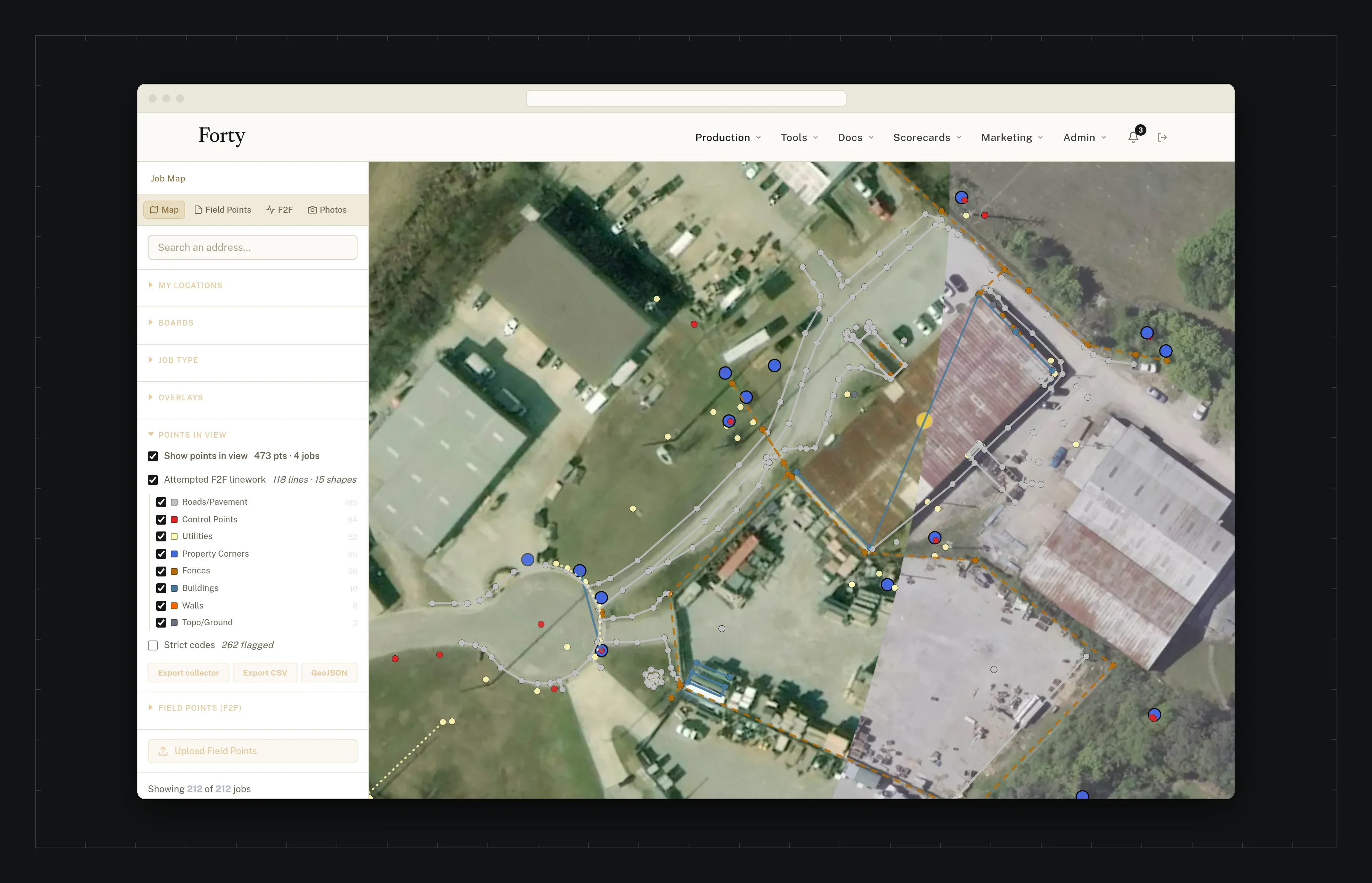 Field-to-finish linework over aerial imagery of a residential lot