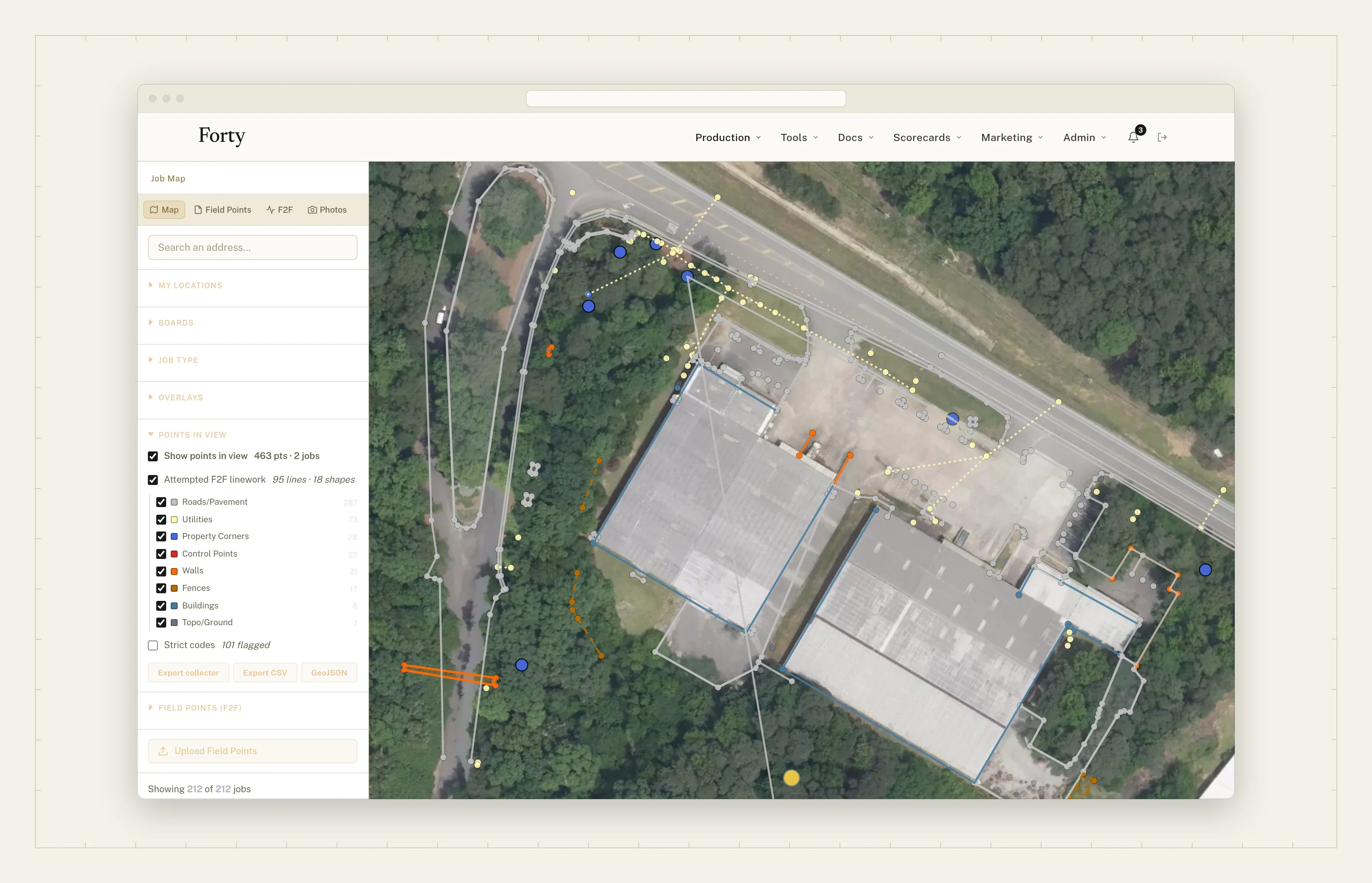 Field-to-finish linework over aerial imagery: property corners, walls, fences, buildings, and utilities around two buildings in the woods
