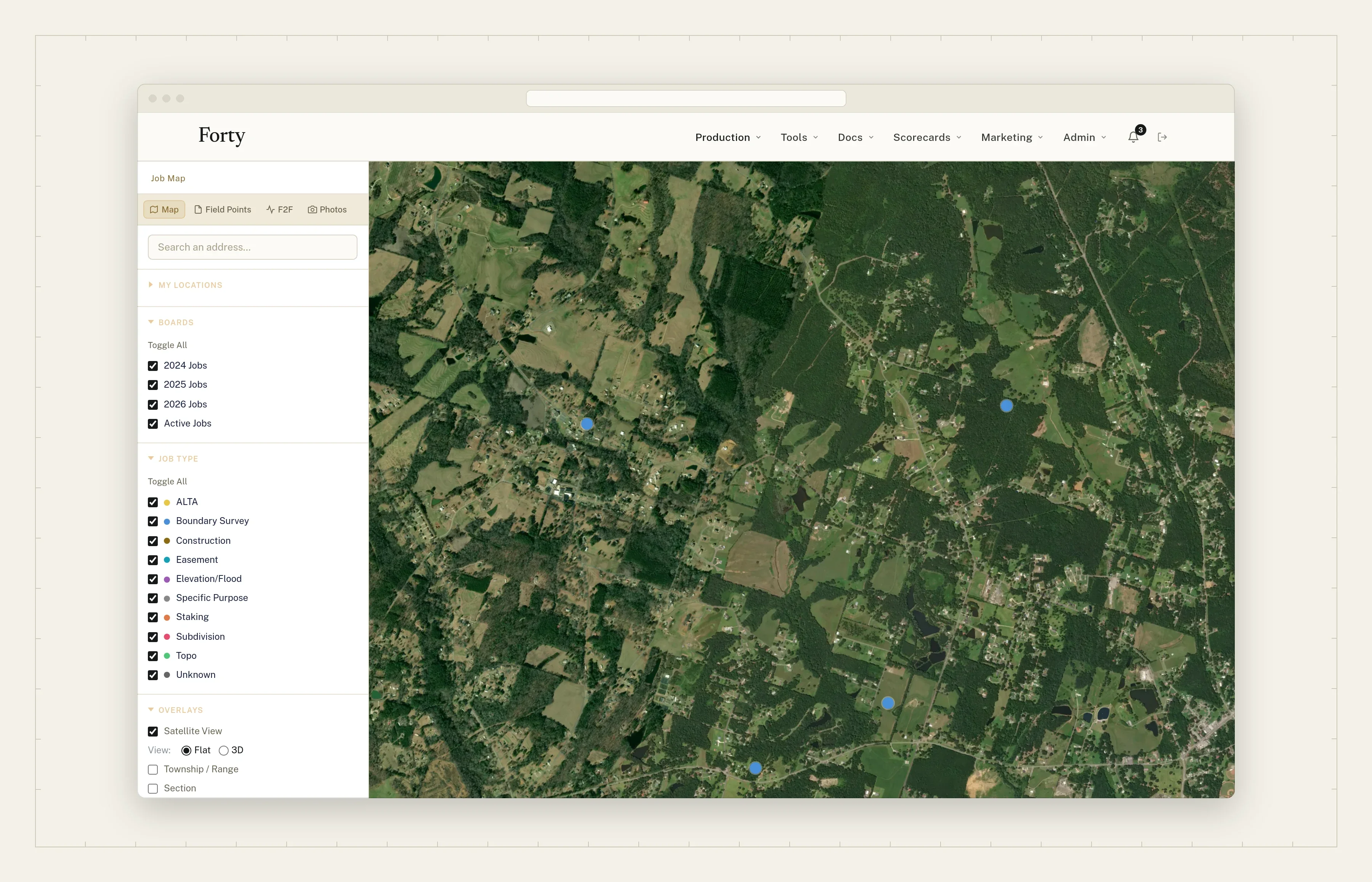 The job map over aerial imagery, with each job’s linework in place
