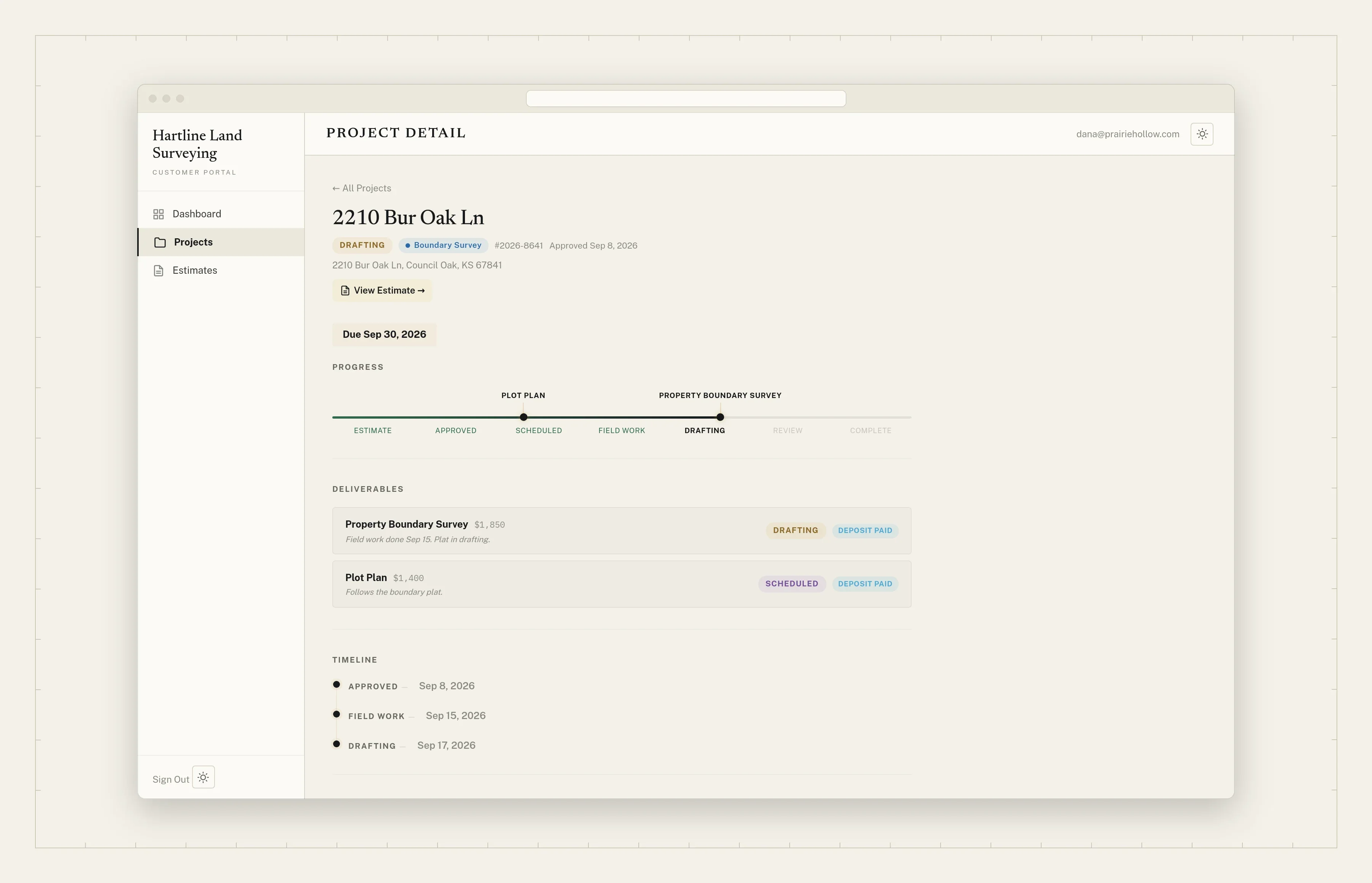 The customer’s project page: status, each service’s progress, deliverables, and timeline