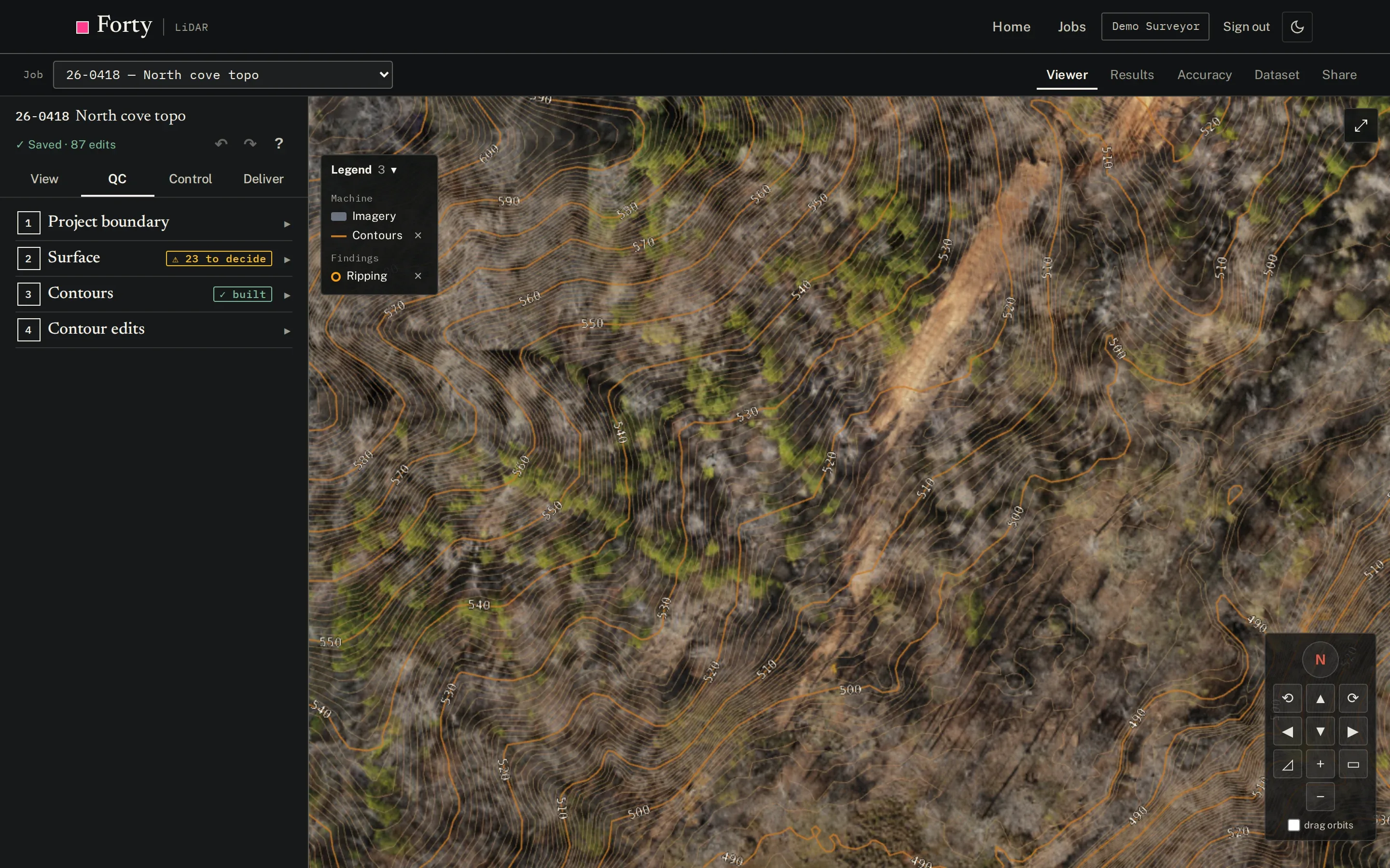 The topography QC workspace: surface, contours, and edits, beside 1 ft contours over the orthophoto