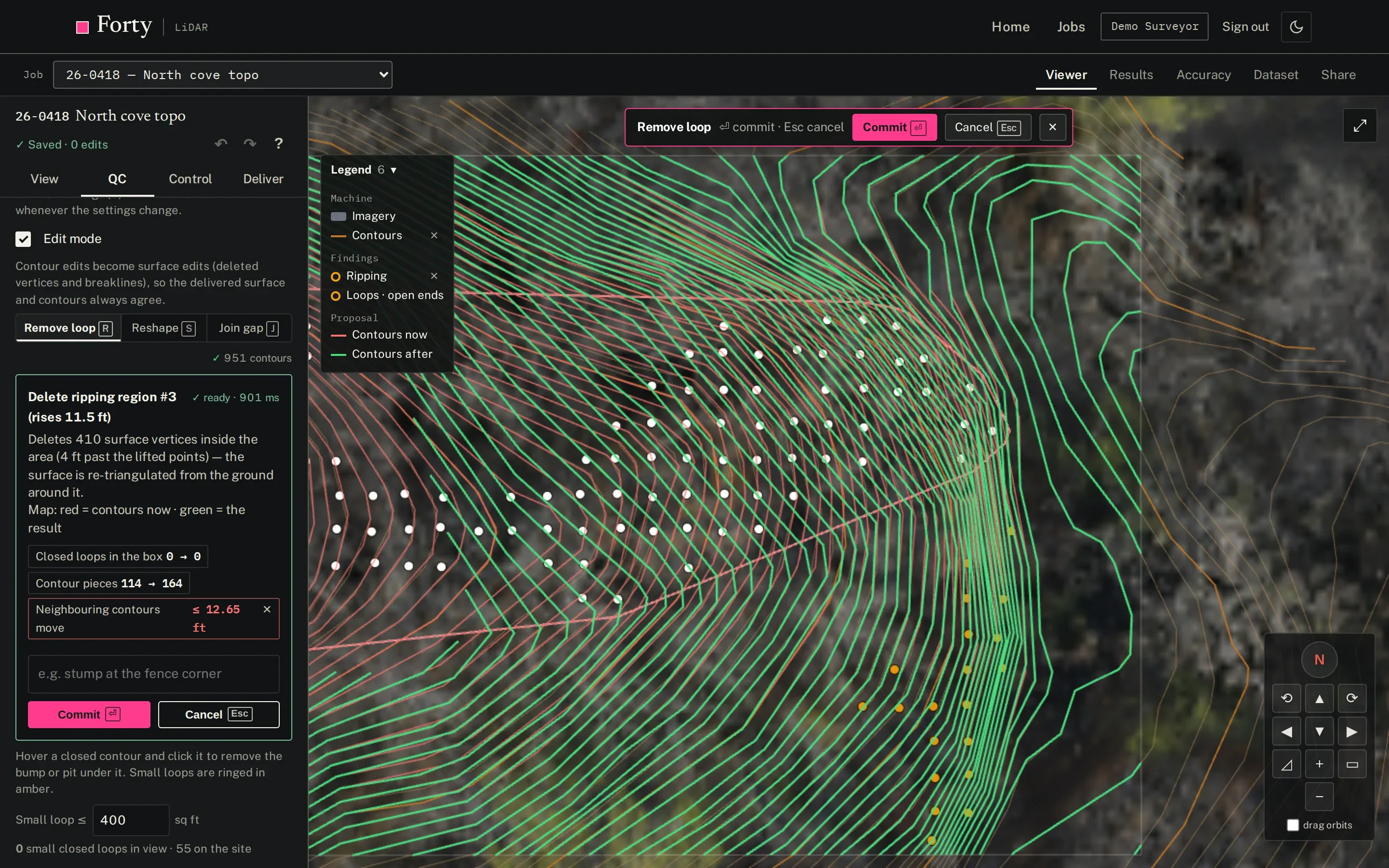 Surface QC: a proposed repair, with the contours now in red and the result in green