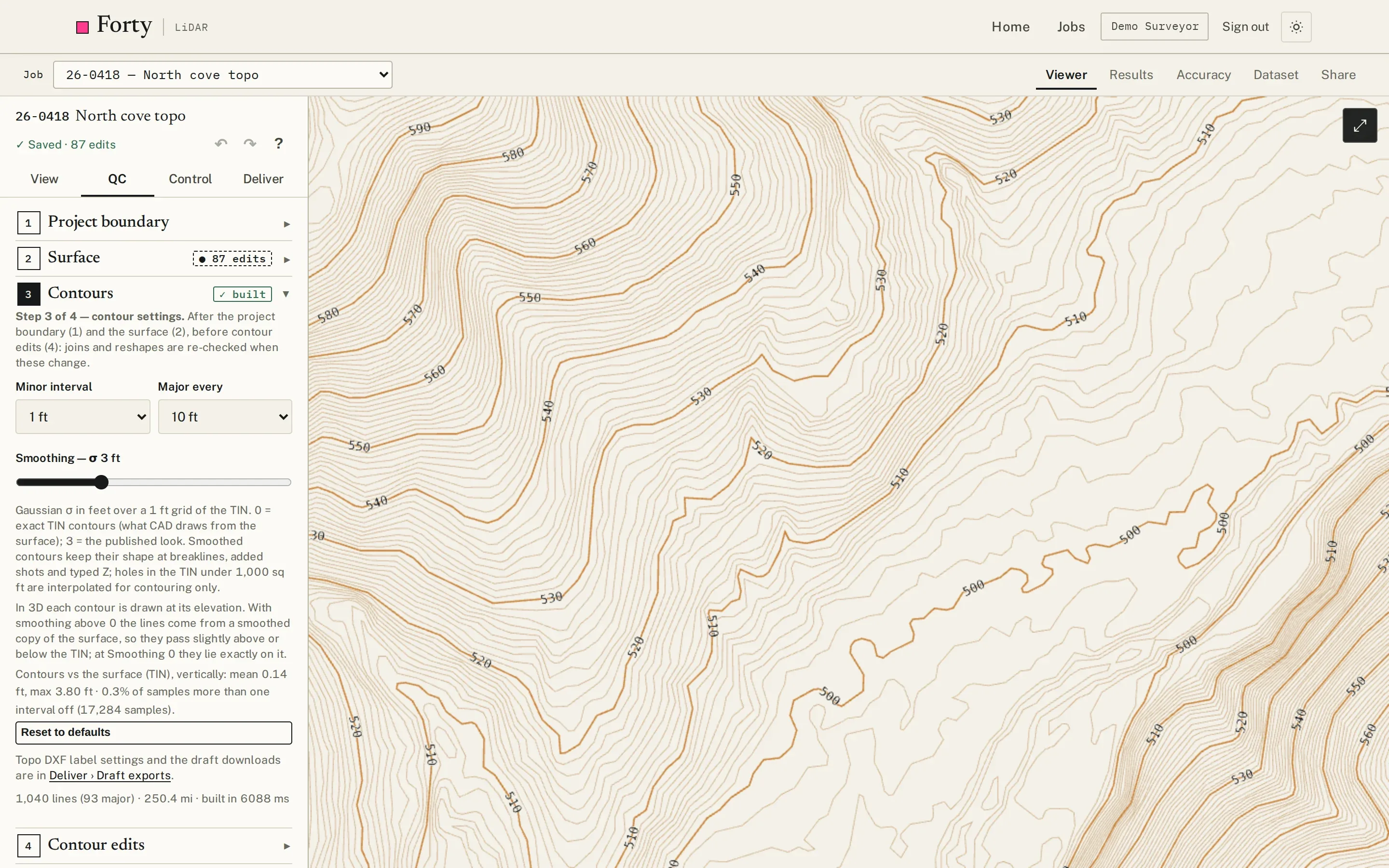 Clean 1 ft contours with 10 ft index labels, and the contour settings