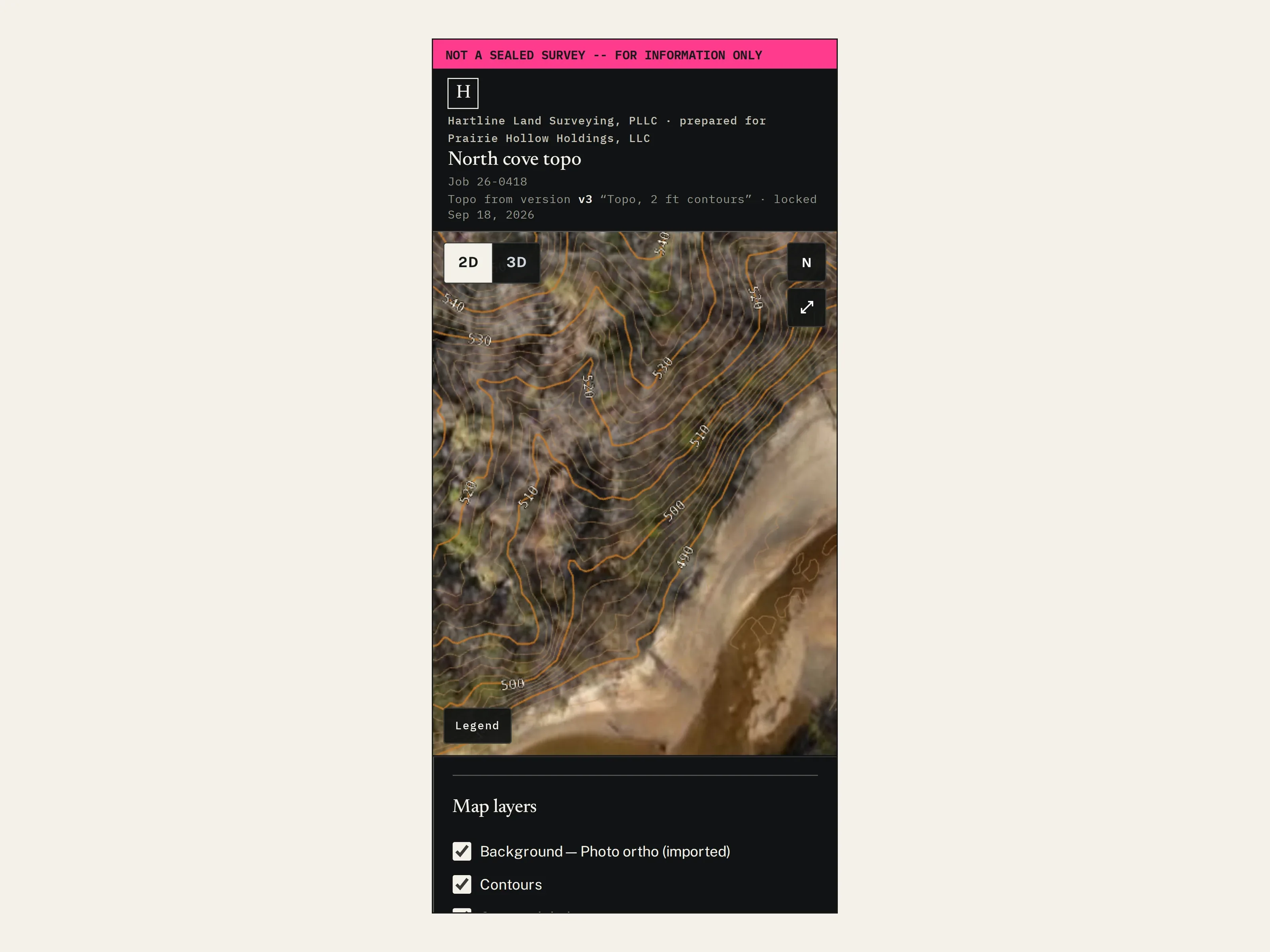 The client link on a phone: the not-sealed notice, the firm’s name, and contours over the orthophoto