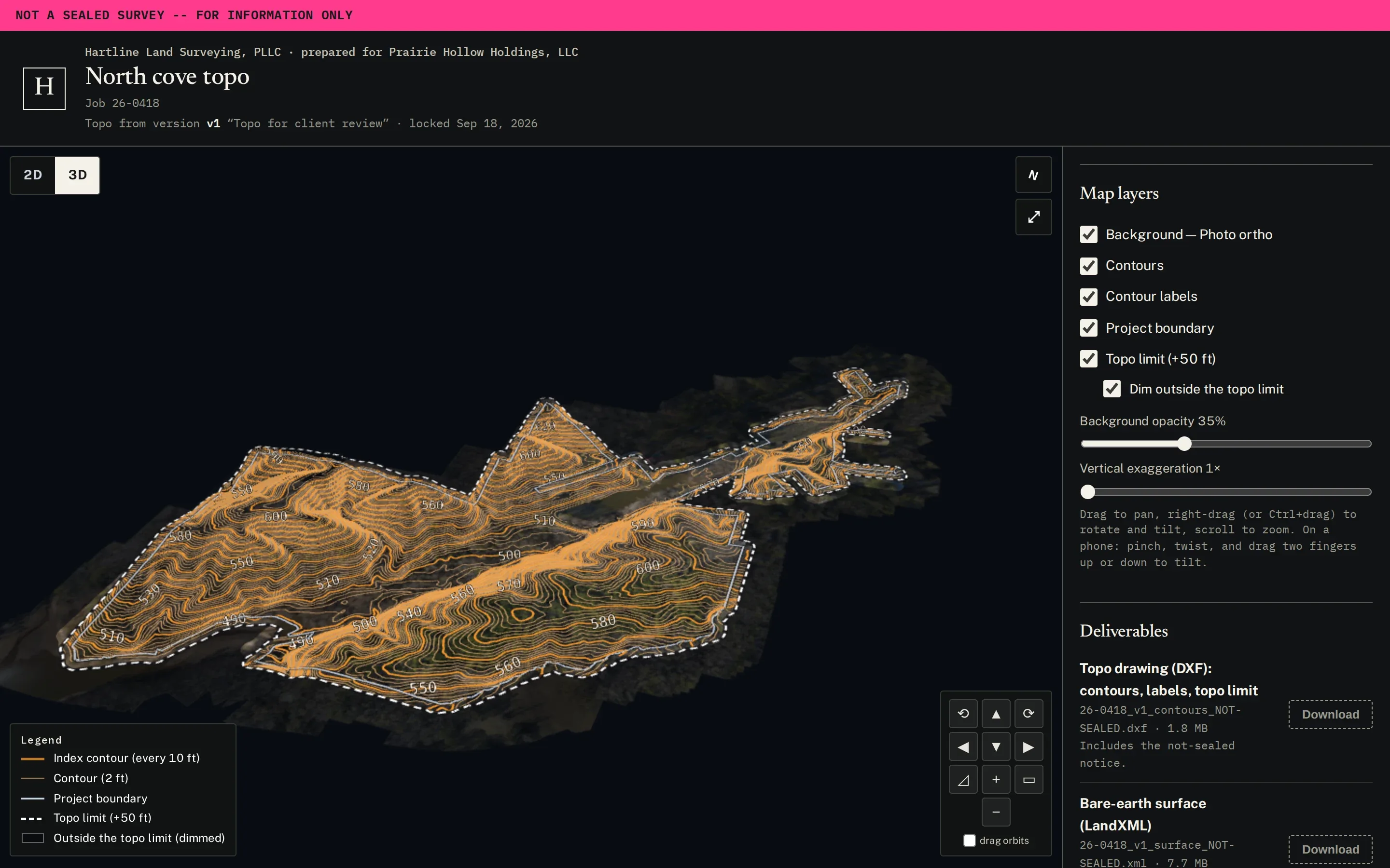 The client topo viewer in 3D: contours over the orthophoto, with layers and deliverables beside it