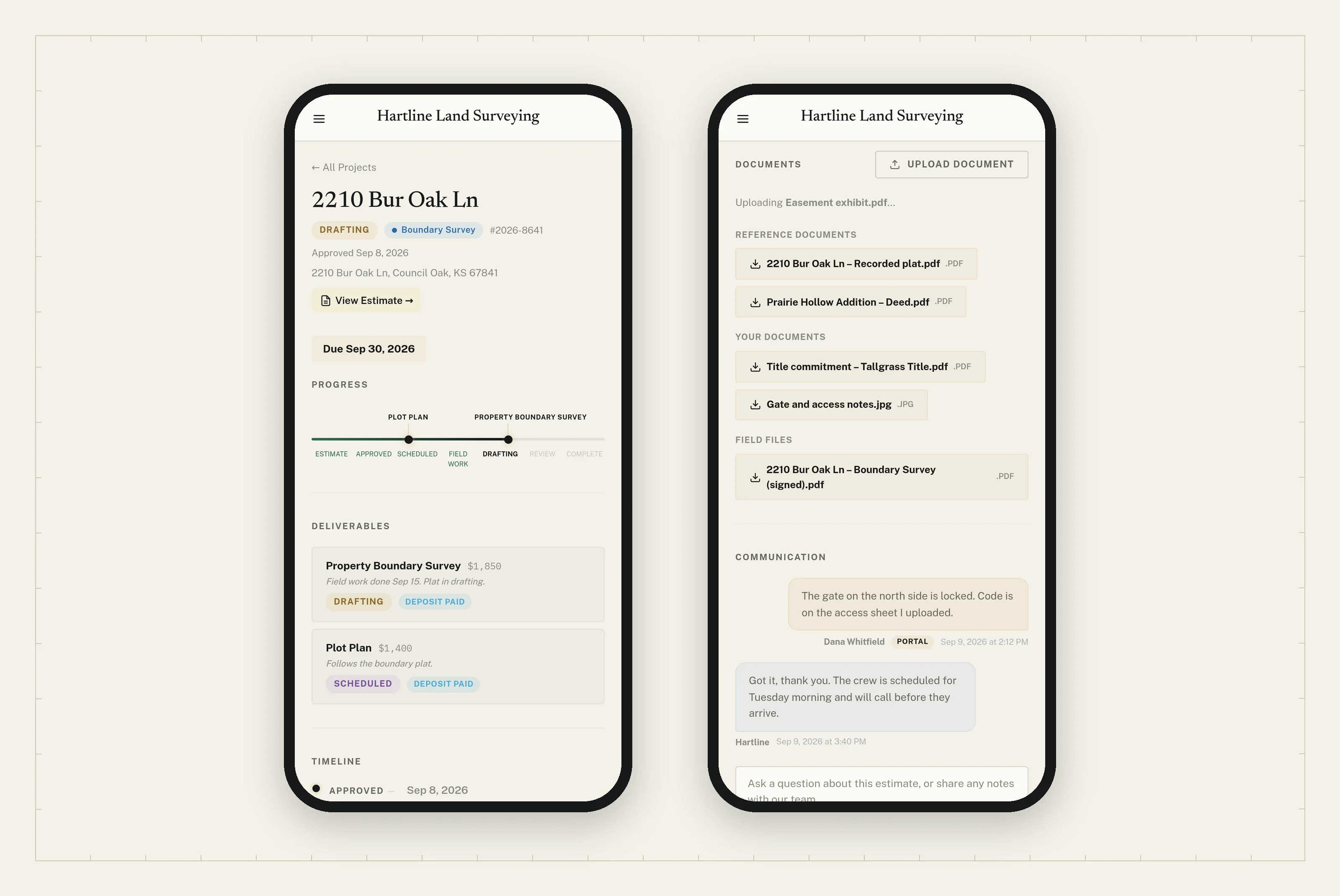 The customer portal on a phone: the project’s progress, and documents to download and upload